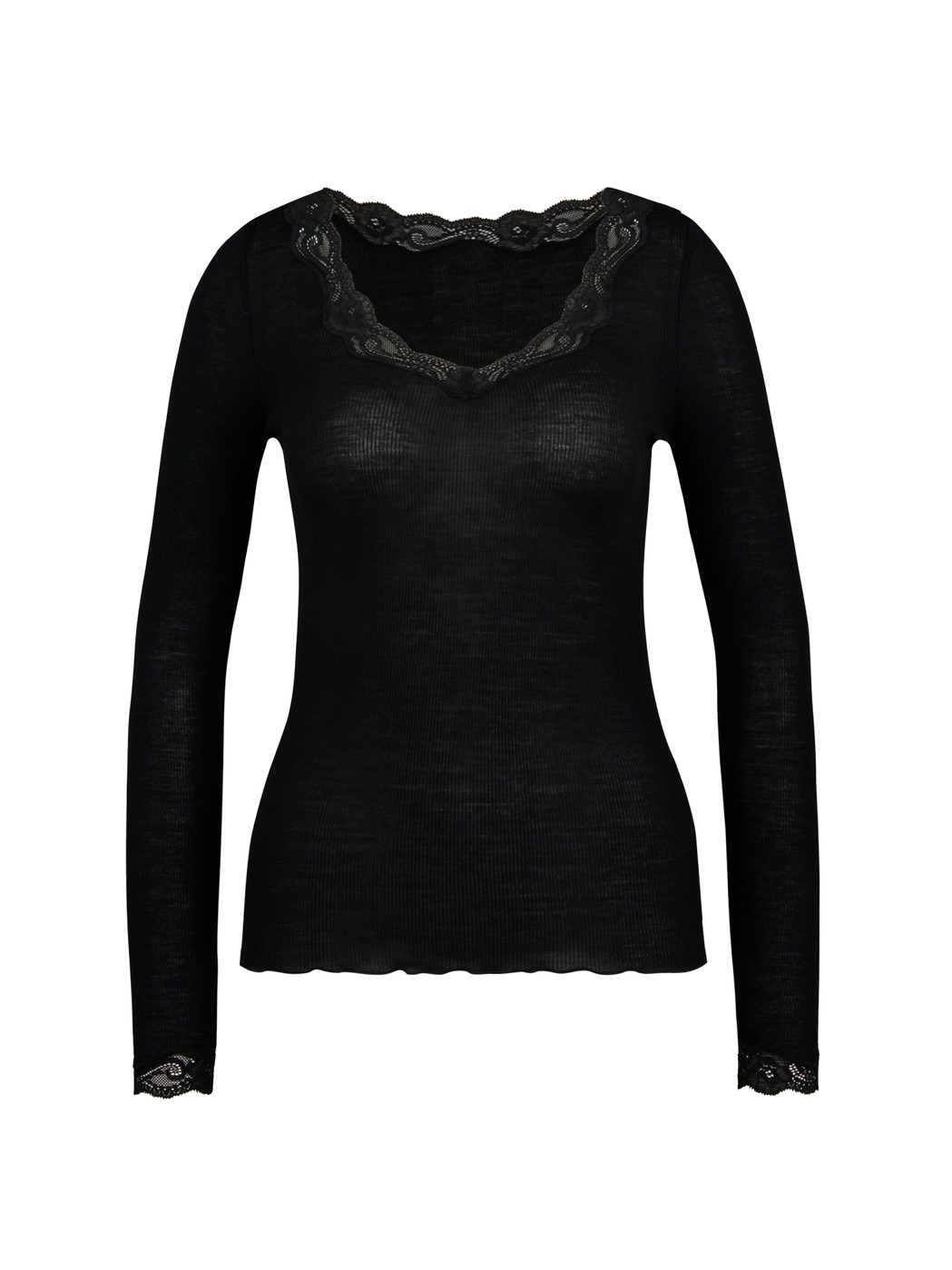 Damen - Langarm-Shirt aus Wolle & Seide aus Wolle in Schwarz, Spitze aus Serie Richesse Lace von CALIDA