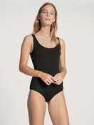 Women model is wearing Bodysuit made of Cotton in Black, Unicoloured from the Natural Comfort series by CALIDA, Front view