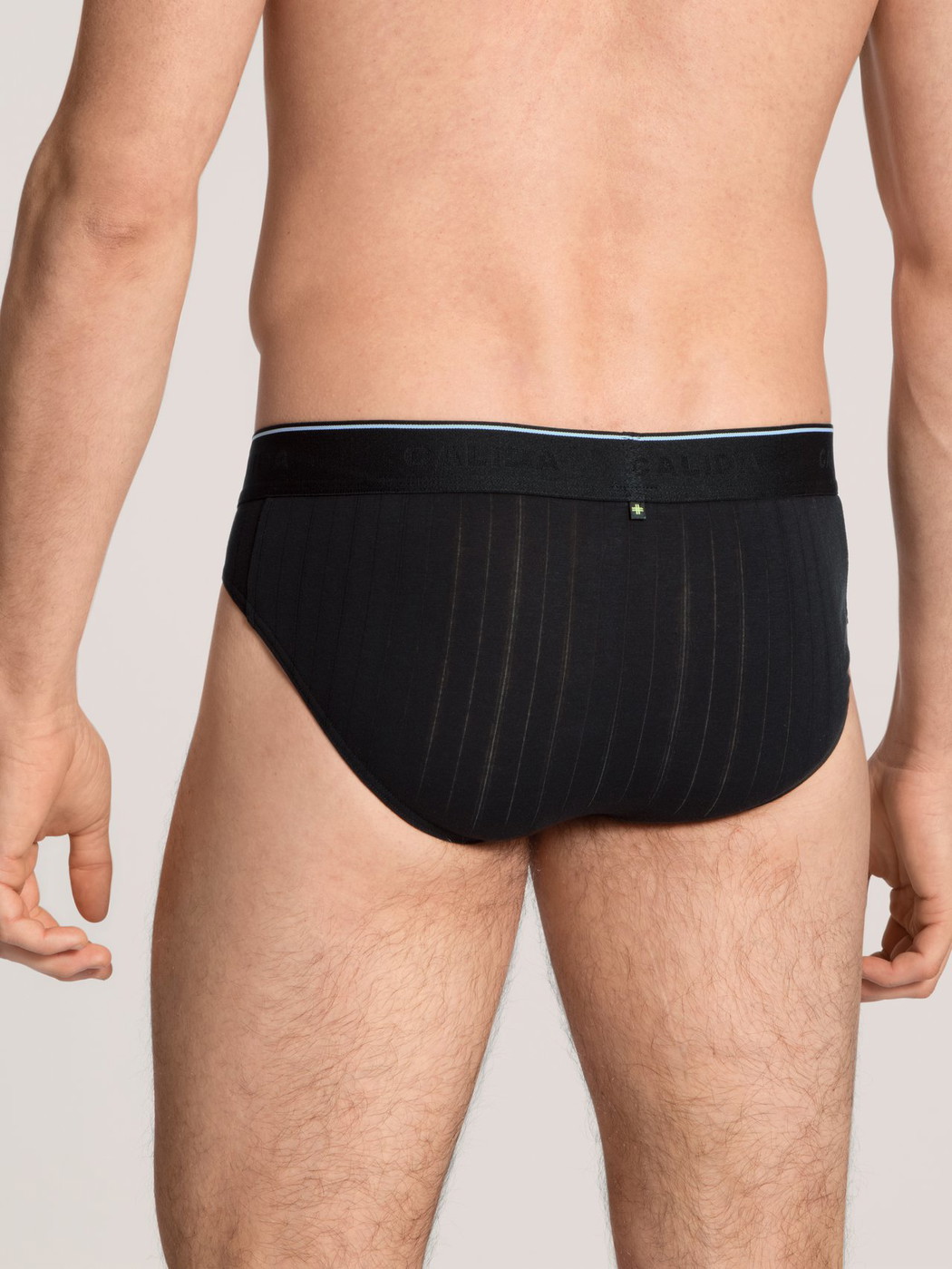 Herren-Model trägt Slip, 3er-Pack aus Baumwolle in Schwarz, Einfarbig aus Serie Pure & Style von CALIDA, Rückansicht