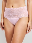 Women model is wearing High-waisted briefs with lace waistband made of Cotton in Pink, Lace from the Sensual Secrets series by CALIDA, Front view