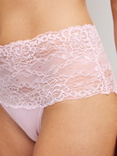 Women model is wearing High-waisted briefs with lace waistband made of Cotton in Pink, Lace from the Sensual Secrets series by CALIDA, Front view