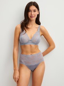 Women model is wearing High-waisted briefs with lace waistband made of Lace in Grey, Lace from the Sensual Secrets series by CALIDA, Outfit