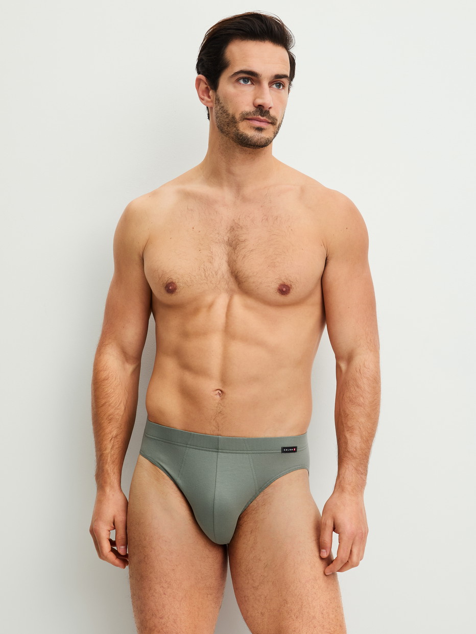 Herren-Model trägt Slip aus Baumwolle in Grün, Einfarbig aus Serie Evolution von CALIDA, Outfit