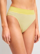 Women model is wearing Brief, high waist made of Cotton in Yellow, Striped from the EDITION 85 series by CALIDA, Front view