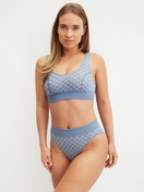 Women model is wearing Brief, high waist made of Cotton in Blue, Checked from the Elastic Trend series by CALIDA, Outfit