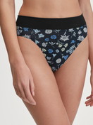 Women model is wearing Brief, high waist made of Cotton in Black, Floral from the Elastic Trend series by CALIDA, Front view
