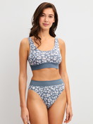 Women model is wearing Brief, high waist made of Cotton in Grey, Patterned from the Elastic Trend series by CALIDA, Outfit