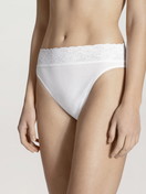 Women model is wearing Brief made of 100% Cotton in White, Lace from the Iconics series by CALIDA, Front view