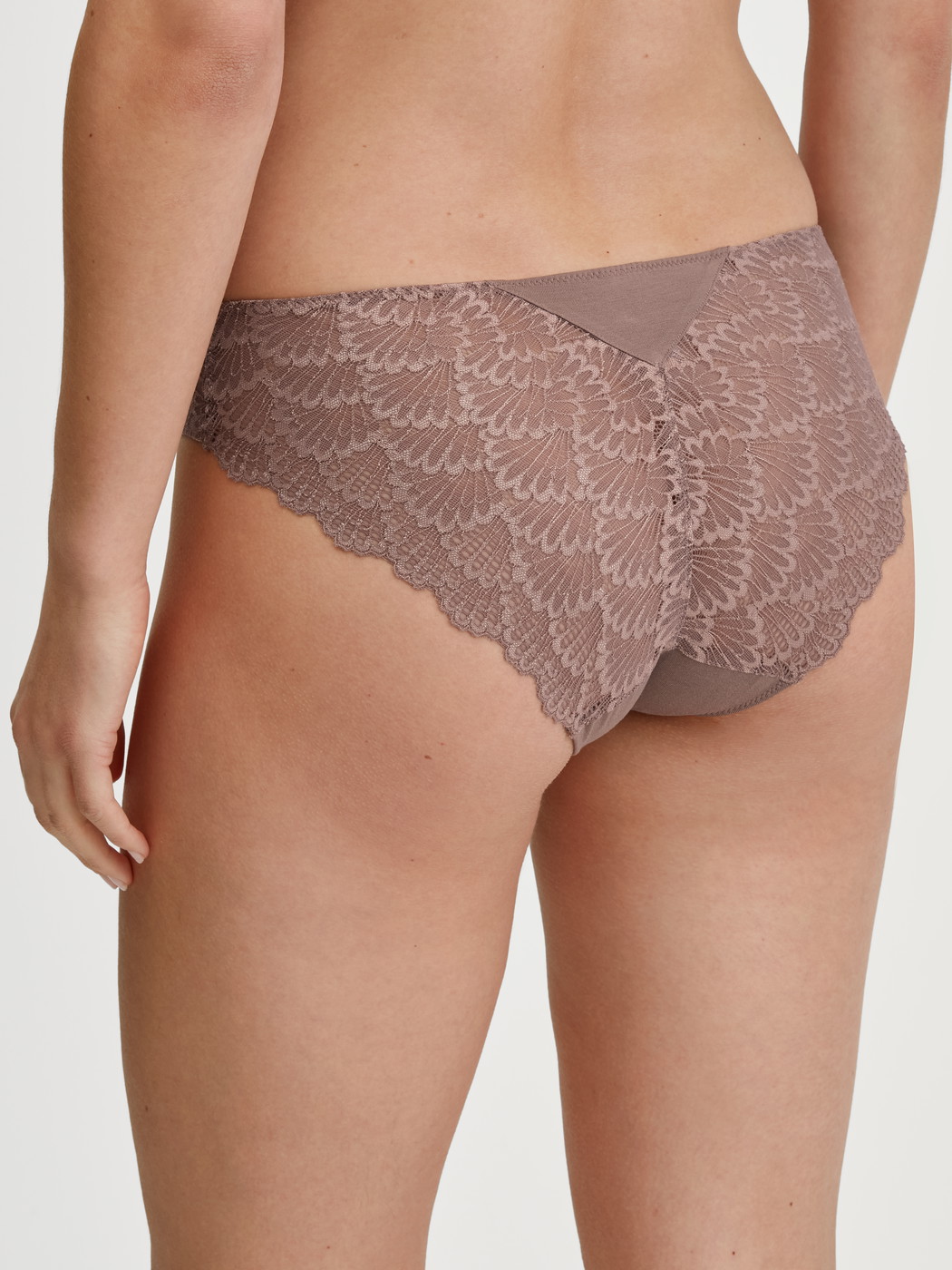 Le mannequin Femme porte le/la Culotte en Modal de couleur Marron, Dentelle, de la série Modal Sense de CALIDA, Vue arrière