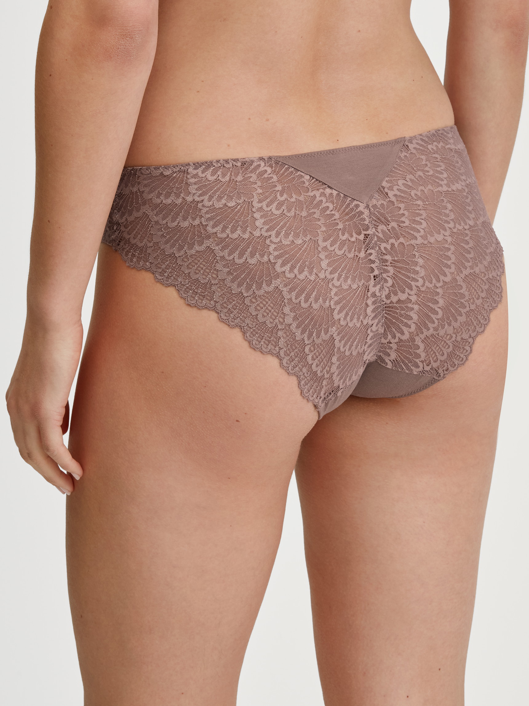 Women model is wearing Brief, regular cut made of Modal in Brown, Lace from the Modal Sense series by CALIDA, Back view