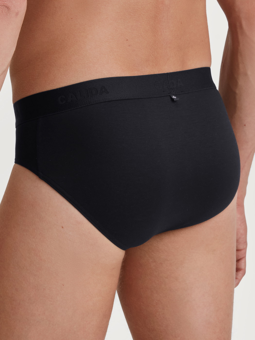 Herren-Model trägt Slip aus TENCEL™ in Schwarz, Einfarbig aus Serie Natural Cooling von CALIDA, Rückansicht