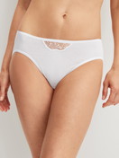 Women model is wearing Mini briefs made of 100% Cotton in White, Lace from the Cotton Desire series by CALIDA, Front view
