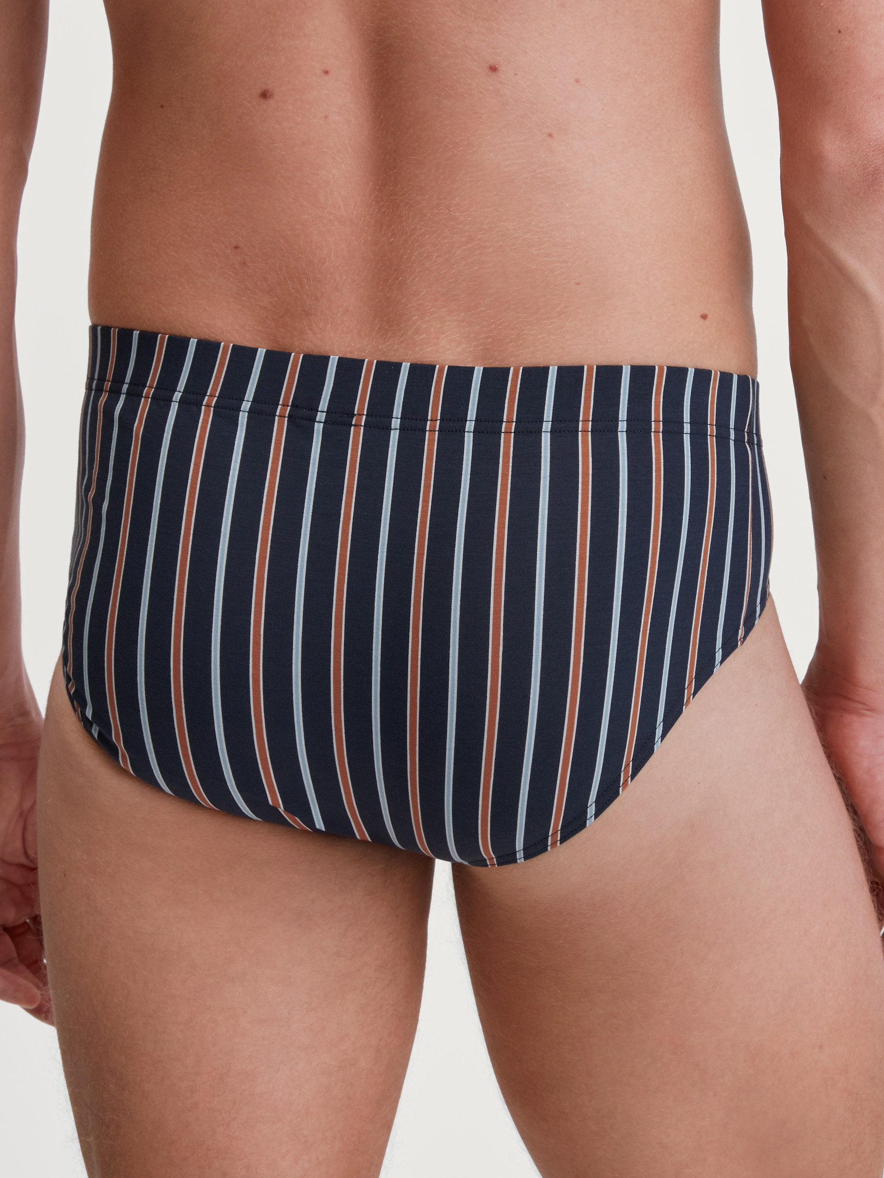 Herren-Model trägt Slip aus Baumwolle in Orange, Gestreift aus Serie Grafic Cotton von CALIDA, Rückansicht