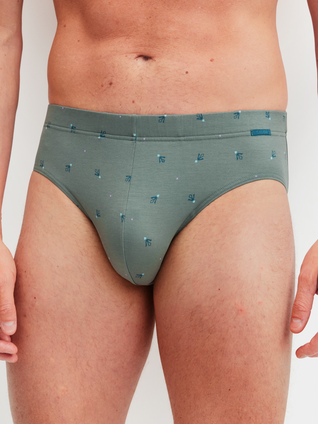 Herren-Model trägt Slip aus Baumwolle in Grün, Gemustert aus Serie Grafic Cotton von CALIDA, Vorderansicht