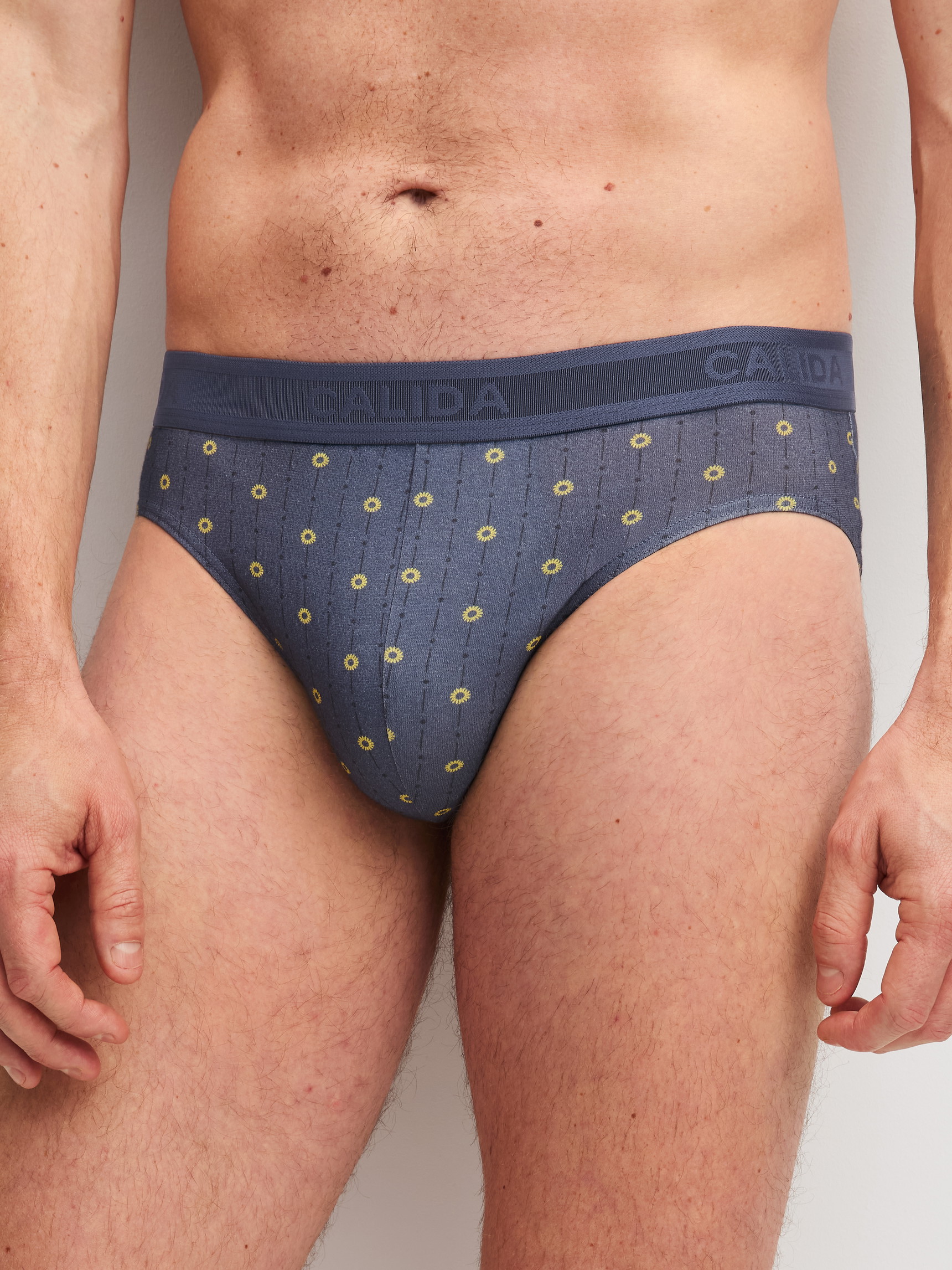 Herren-Model trägt Slip mit Softgummibund aus Baumwolle in Grau, Gemustert aus Serie EDITION 85 von CALIDA, Vorderansicht