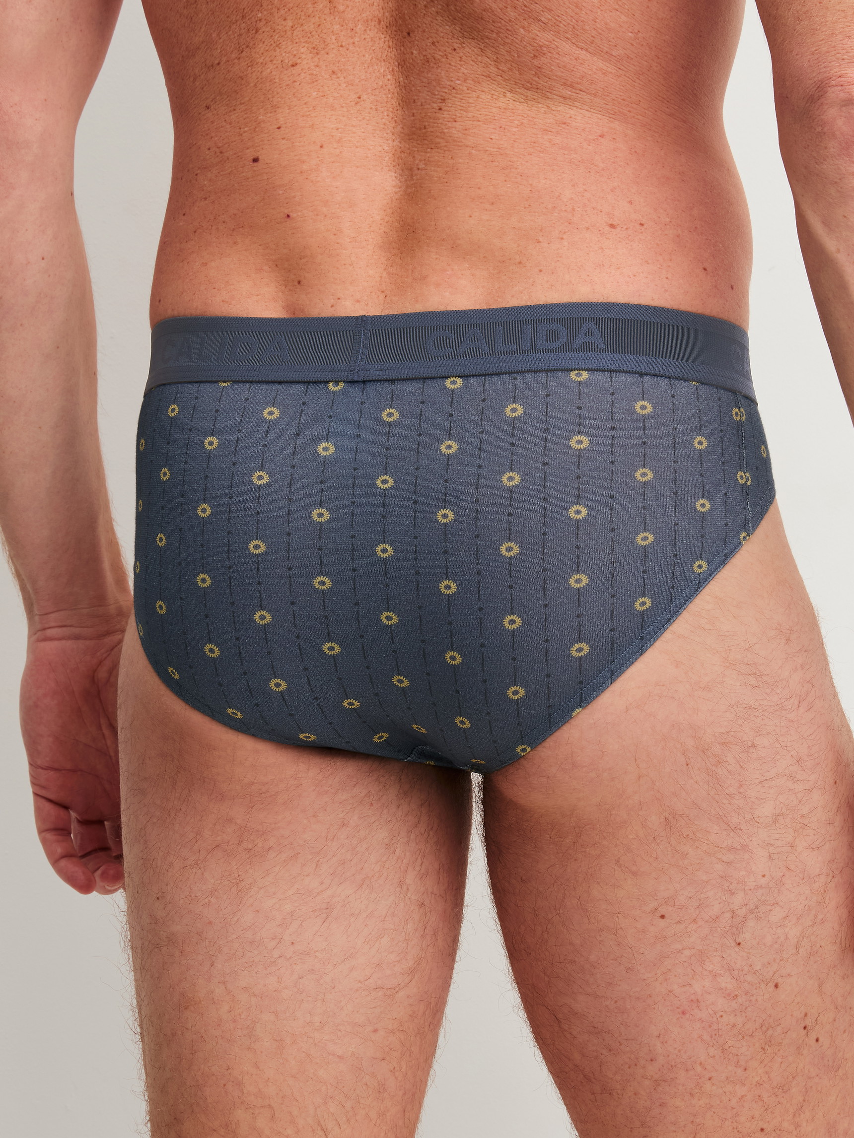 Herren-Model trägt Slip mit Softgummibund aus Baumwolle in Grau, Gemustert aus Serie EDITION 85 von CALIDA, Rückansicht