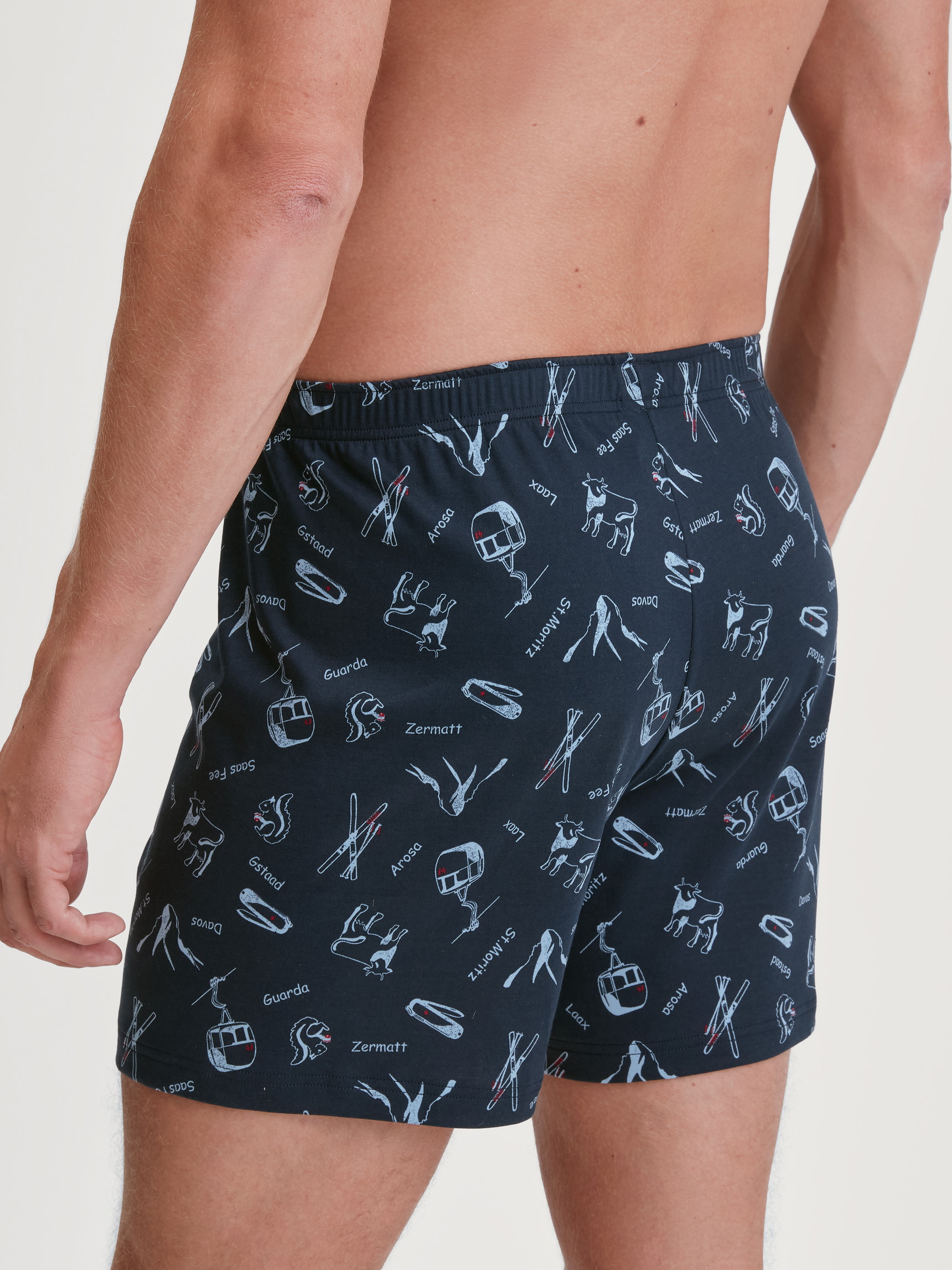 La modella / Il modello Uomo indossa Boxer con patta in 100% cotone di colore Blu, Motivo, della serie Swiss Resort di CALIDA, Vista posteriore