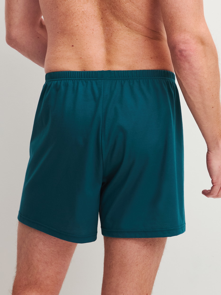 Herren-Model trägt Boxershorts, 2er-Pack aus 100% Baumwolle in Türkis, Gemustert aus Serie Cotton Special von CALIDA, Vorderansicht