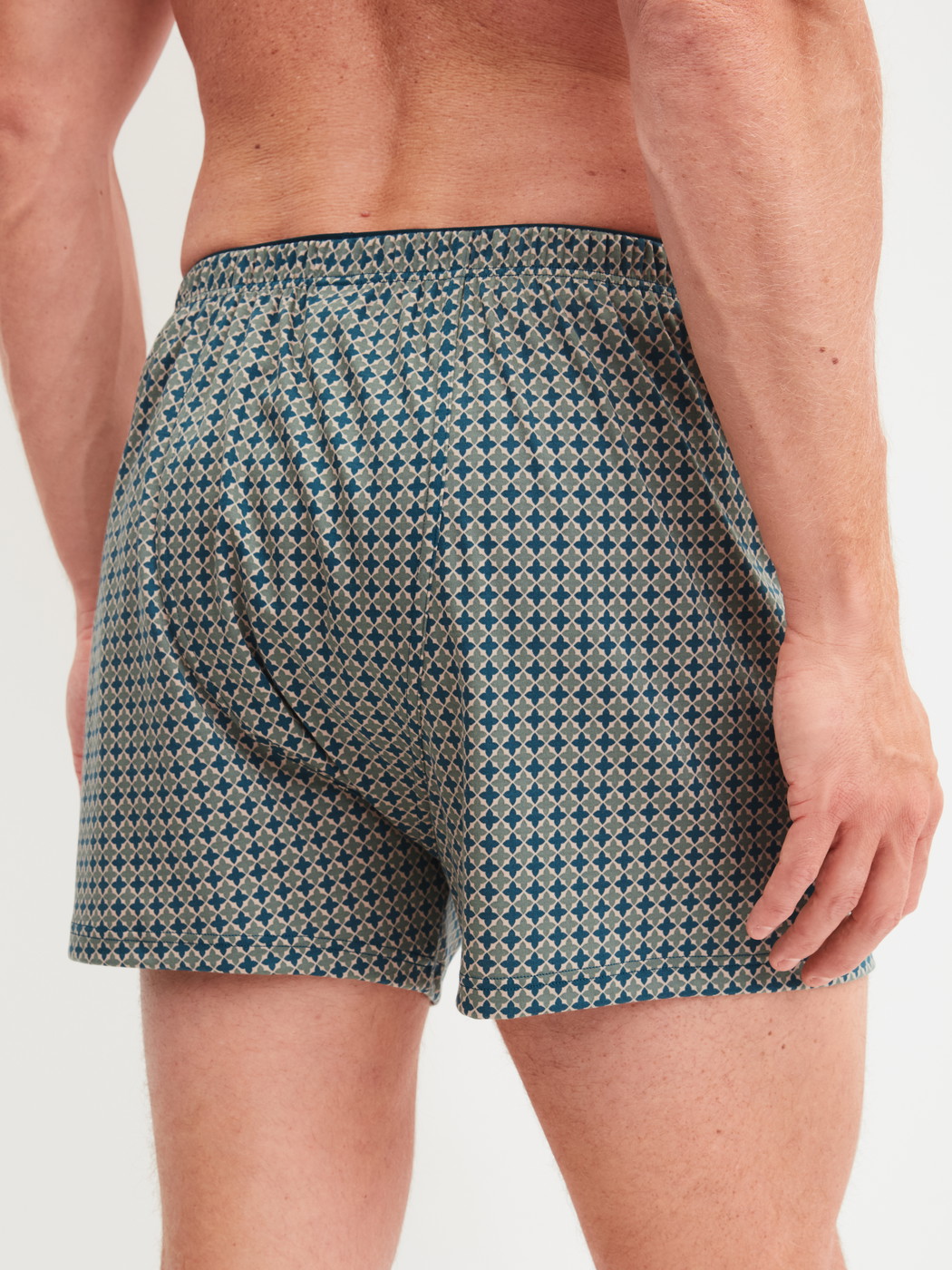 Men model is wearing Boxer shorts made of 100% Cotton in Beige, Patterned from the Cotton Choice series by CALIDA, Back view