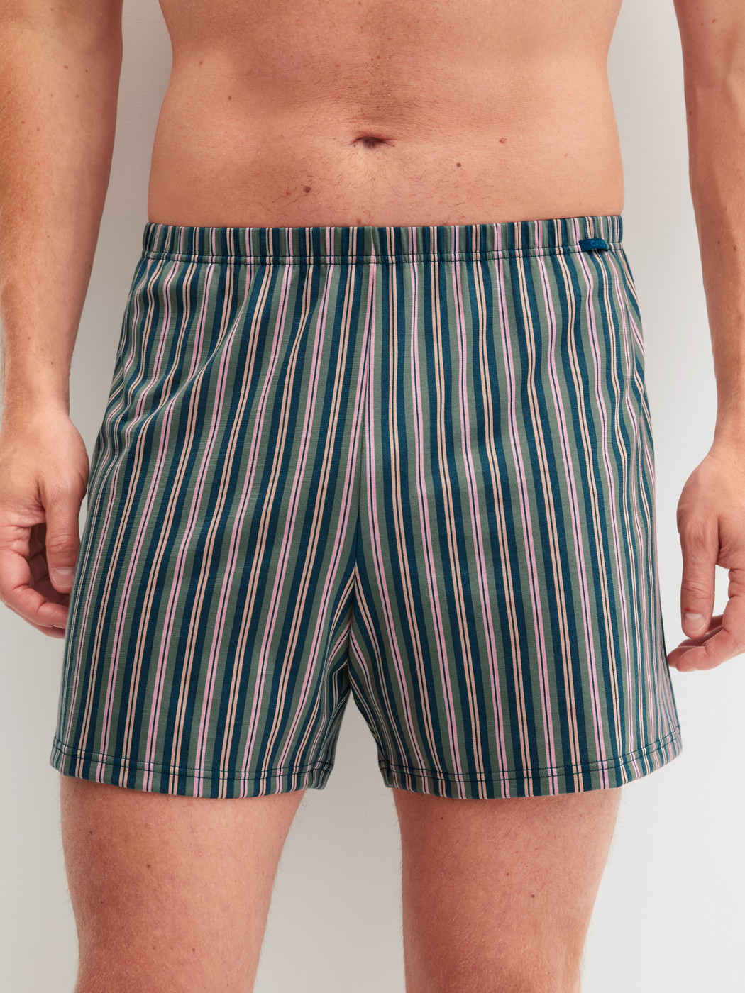 La modella / Il modello Uomo indossa Boxer short in Cotone di colore Blu, Modello, della serie Prints di CALIDA, Vista frontale