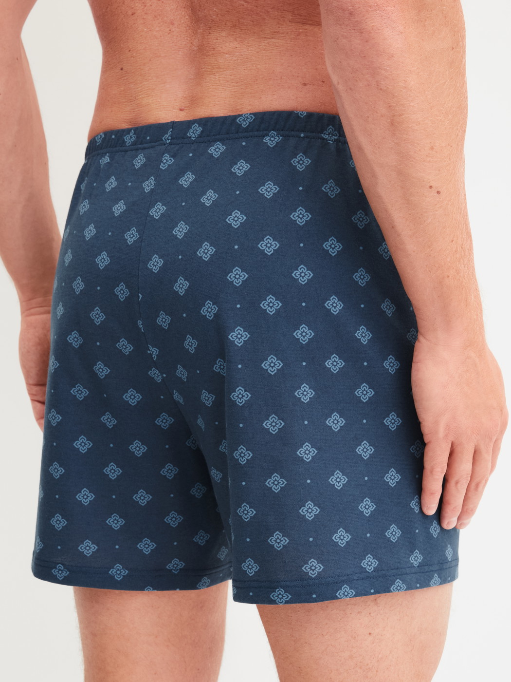 Men model is wearing Boxer shorts made of Cotton in Blue, Patterned from the Prints series by CALIDA, Back view
