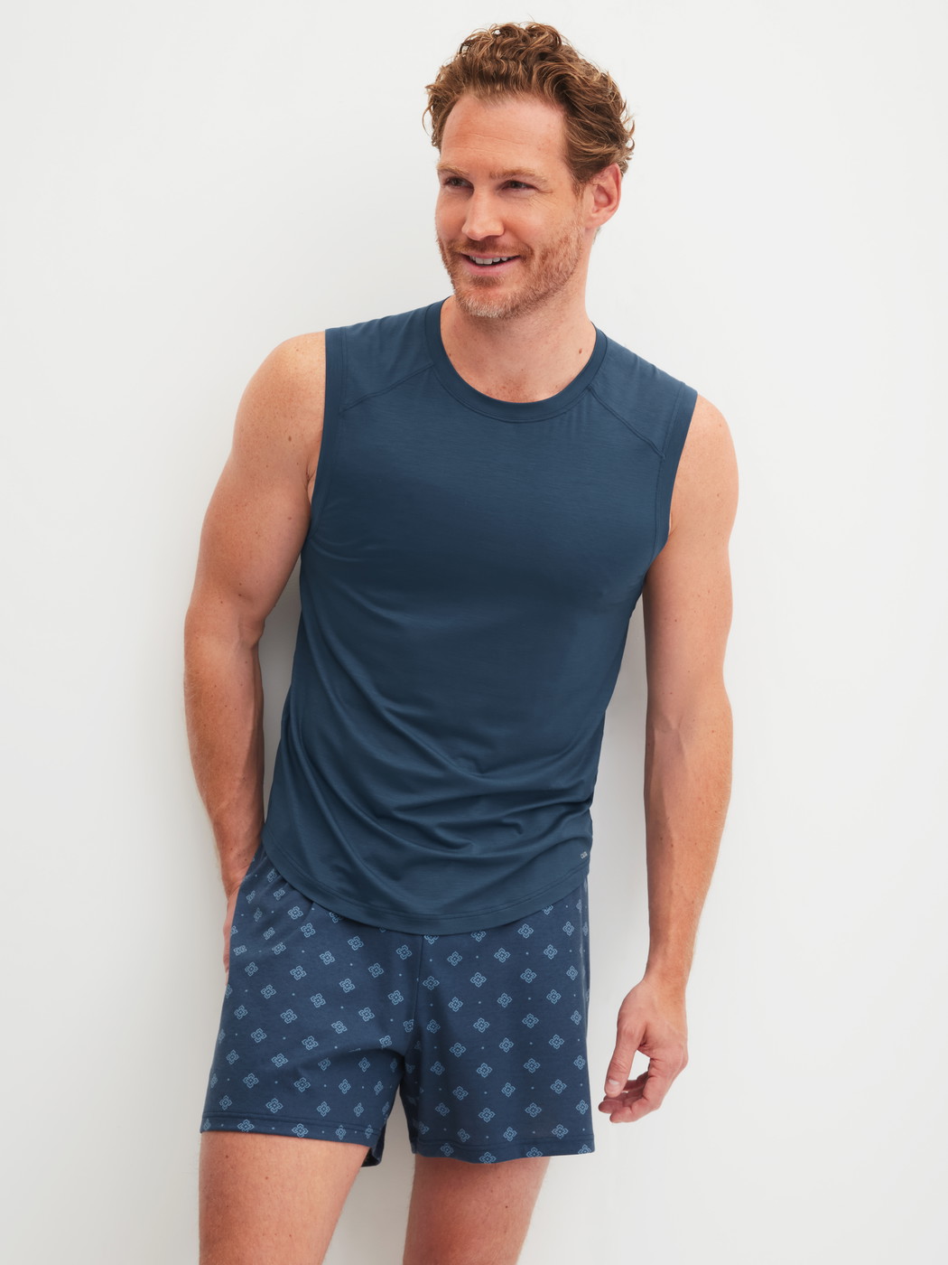 Men model is wearing Boxer shorts made of Cotton in Blue, Patterned from the Prints series by CALIDA, Outfit