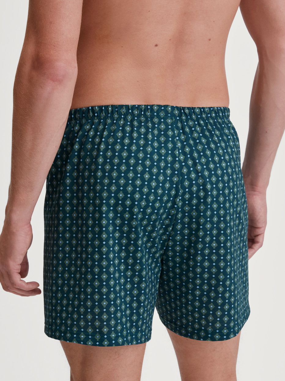 La modella / Il modello Uomo indossa Boxer short in 100% cotone di colore Turchese, Modello, della serie Prints di CALIDA, Vista posteriore