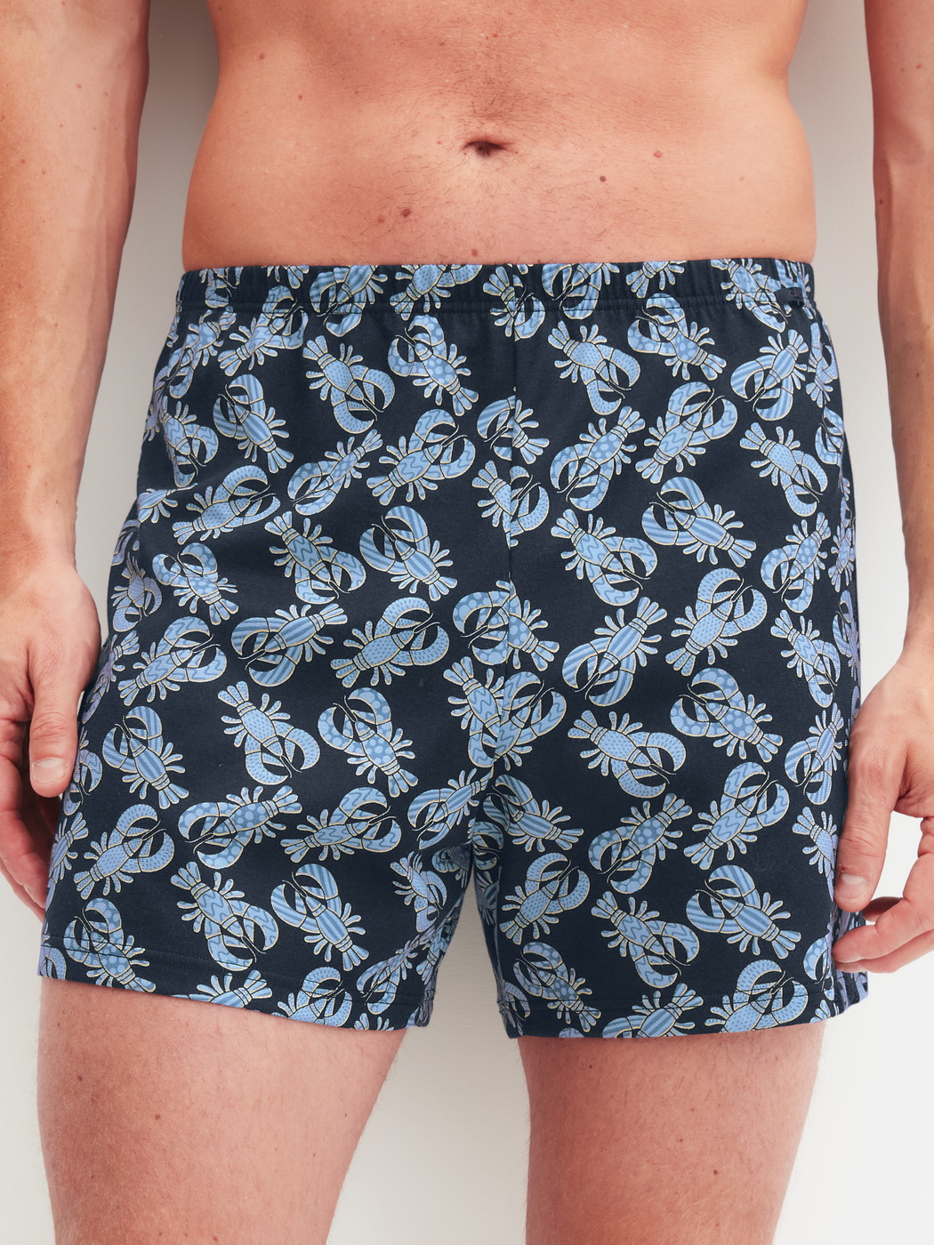 Herren-Model trägt Jersey-Boxershorts ohne Eingriff aus Baumwolle in Blau, Gemustert aus Serie Prints von CALIDA, Vorderansicht