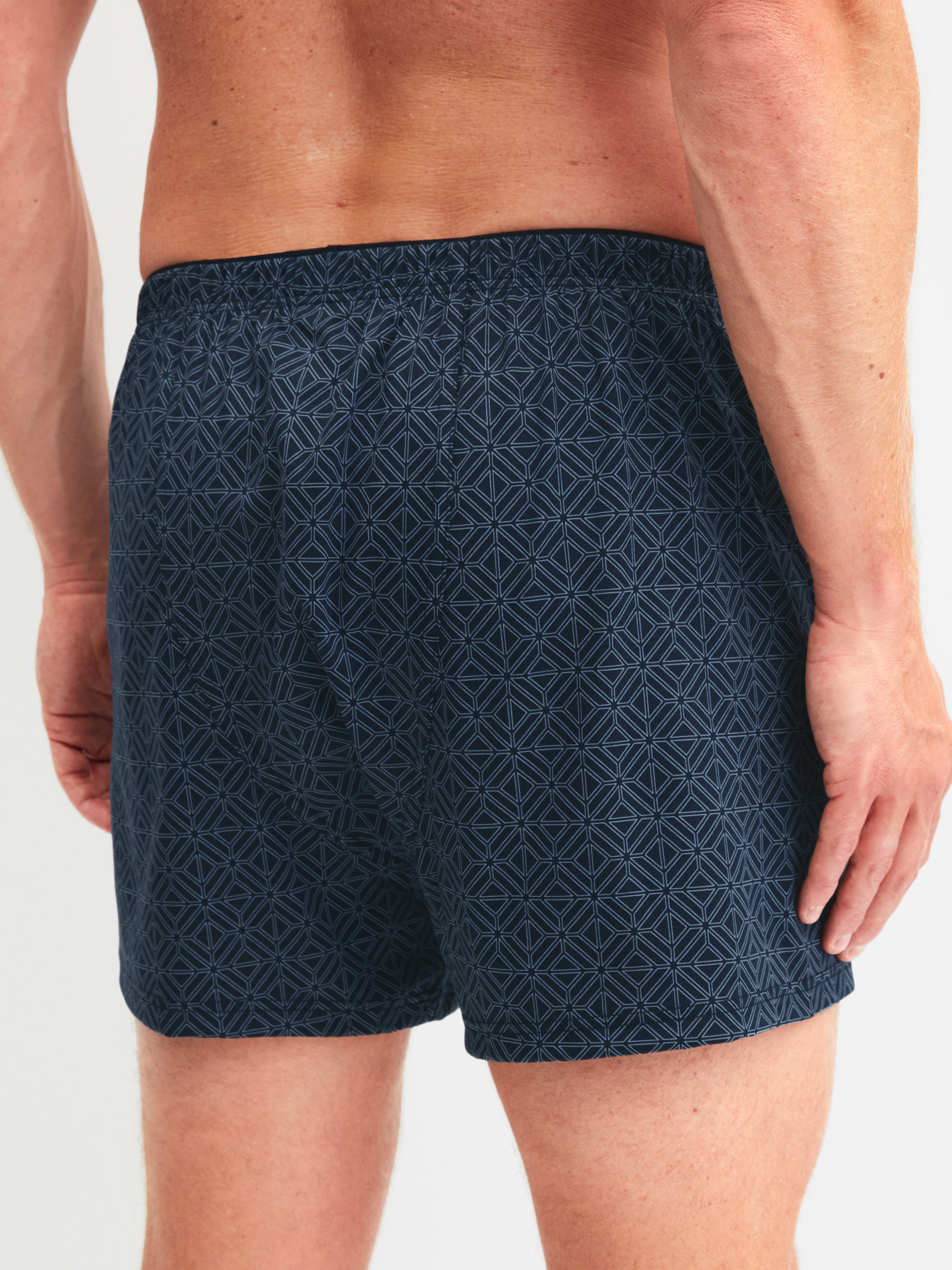 La modella / Il modello Uomo indossa Boxer con patta in 100% cotone di colore Blu, Modello, della serie Selected Cotton di CALIDA, Vista posteriore