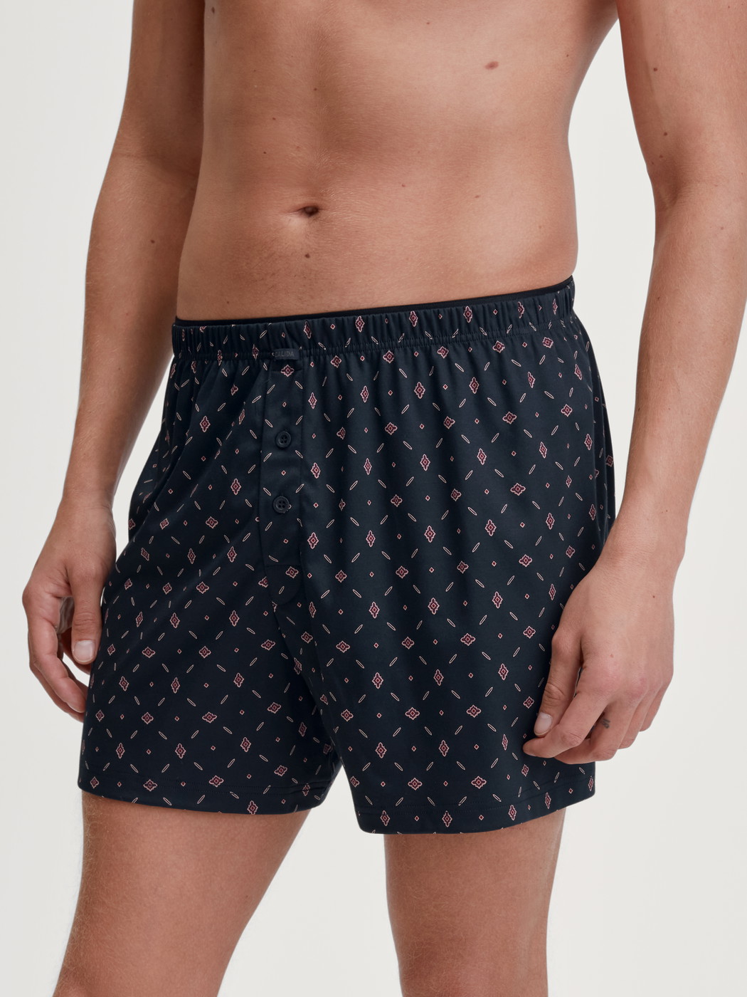La modella / Il modello Uomo indossa Boxer con patta in 100% cotone di colore Blu, Modello, della serie Selected Cotton di CALIDA, Vista frontale