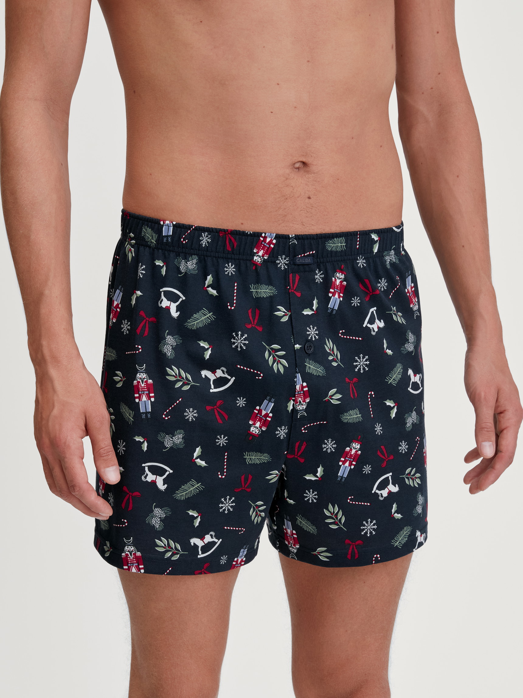 Herren-Model trägt Boxershorts aus 100% Baumwolle in Blau, Gemustert aus Serie Family & Friends von CALIDA, Vorderansicht
