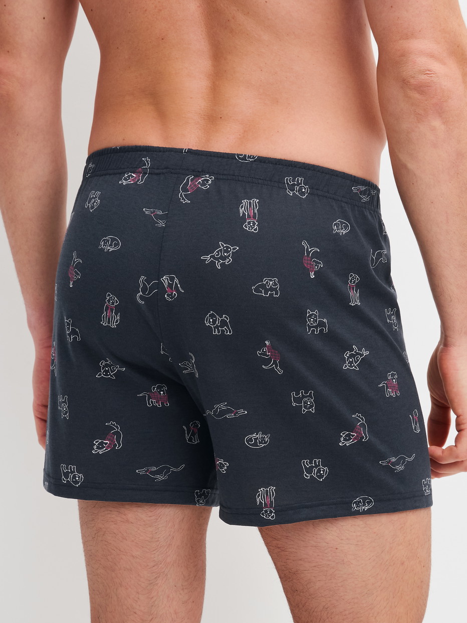 Herren-Model trägt Boxershorts aus 100% Baumwolle in Blau, Gemustert aus Serie Family & Friends von CALIDA, Rückansicht
