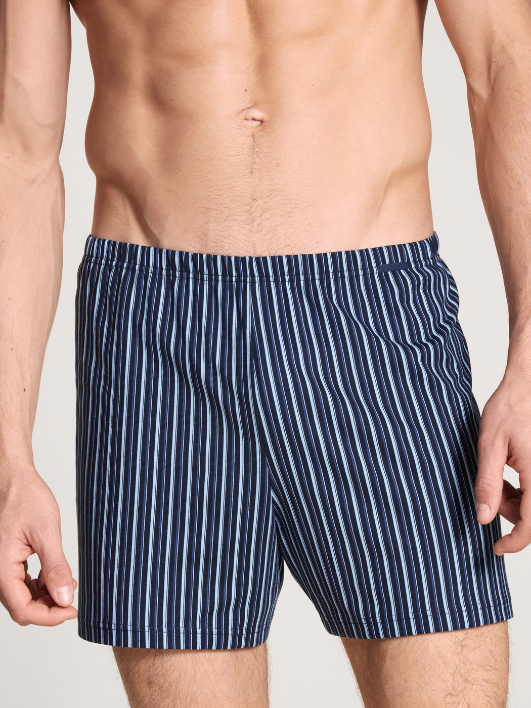 La modella / Il modello Uomo indossa Boxershorts, set da 2 in 100% cotone di colore Blu, A righe, della serie Prints Benefit di CALIDA, Vista frontale