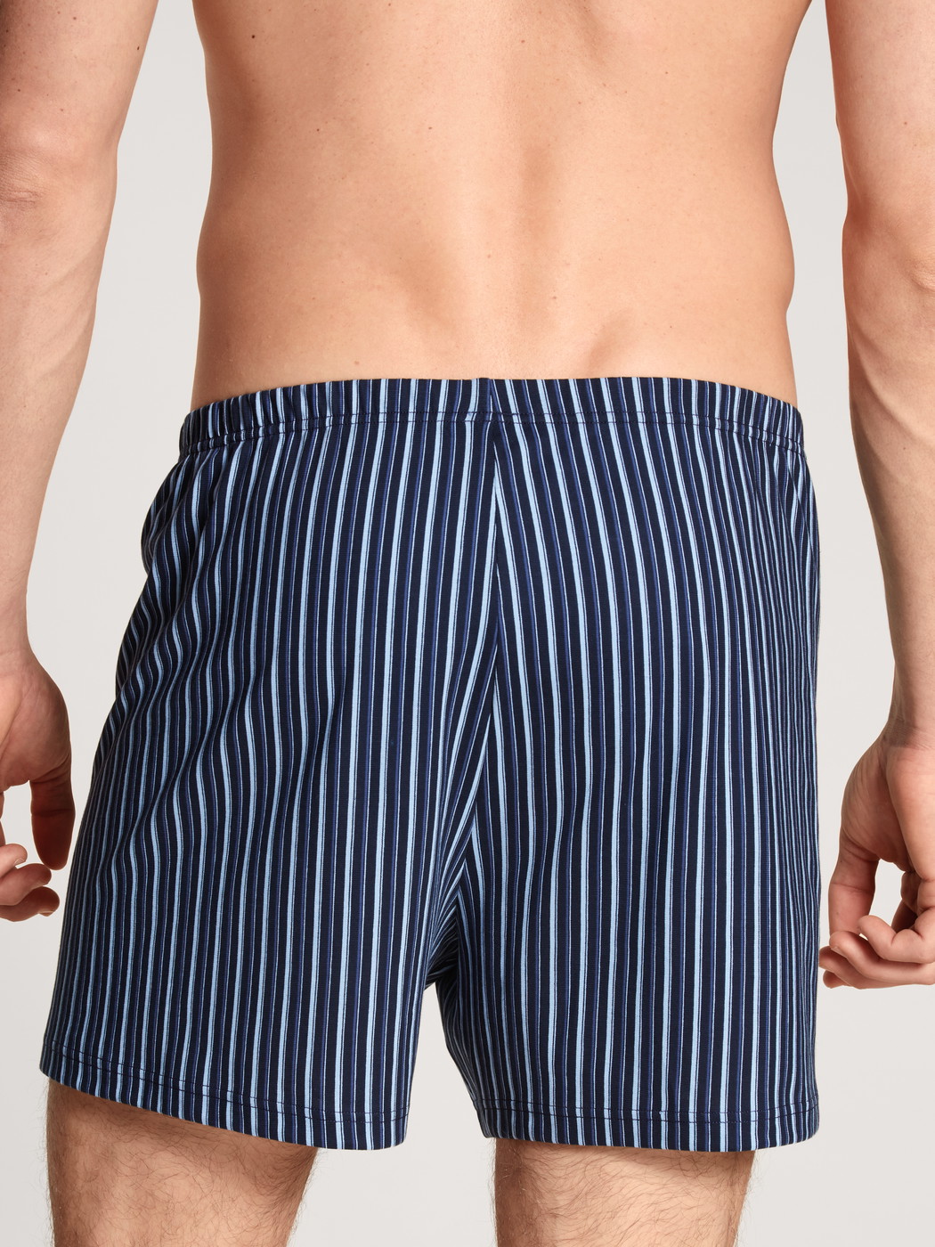 La modella / Il modello Uomo indossa Boxershorts, set da 2 in 100% cotone di colore Blu, A righe, della serie Prints Benefit di CALIDA, Vista posteriore
