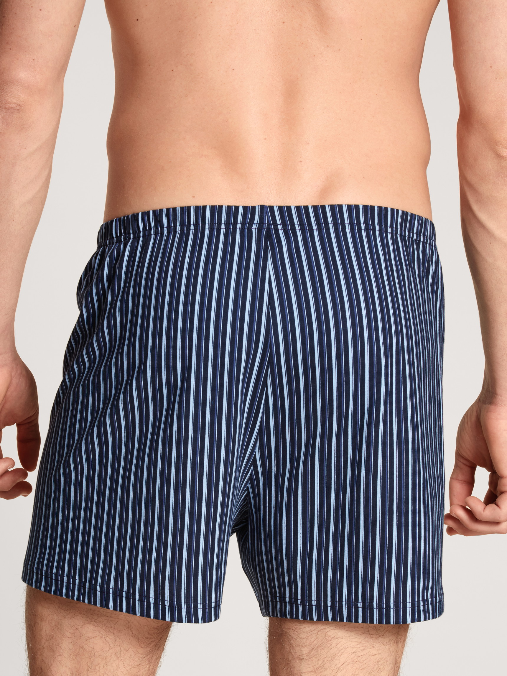 La modella / Il modello Uomo indossa Boxershorts, set da 2 in 100% cotone di colore Blu, A righe, della serie Prints Benefit di CALIDA, Vista posteriore