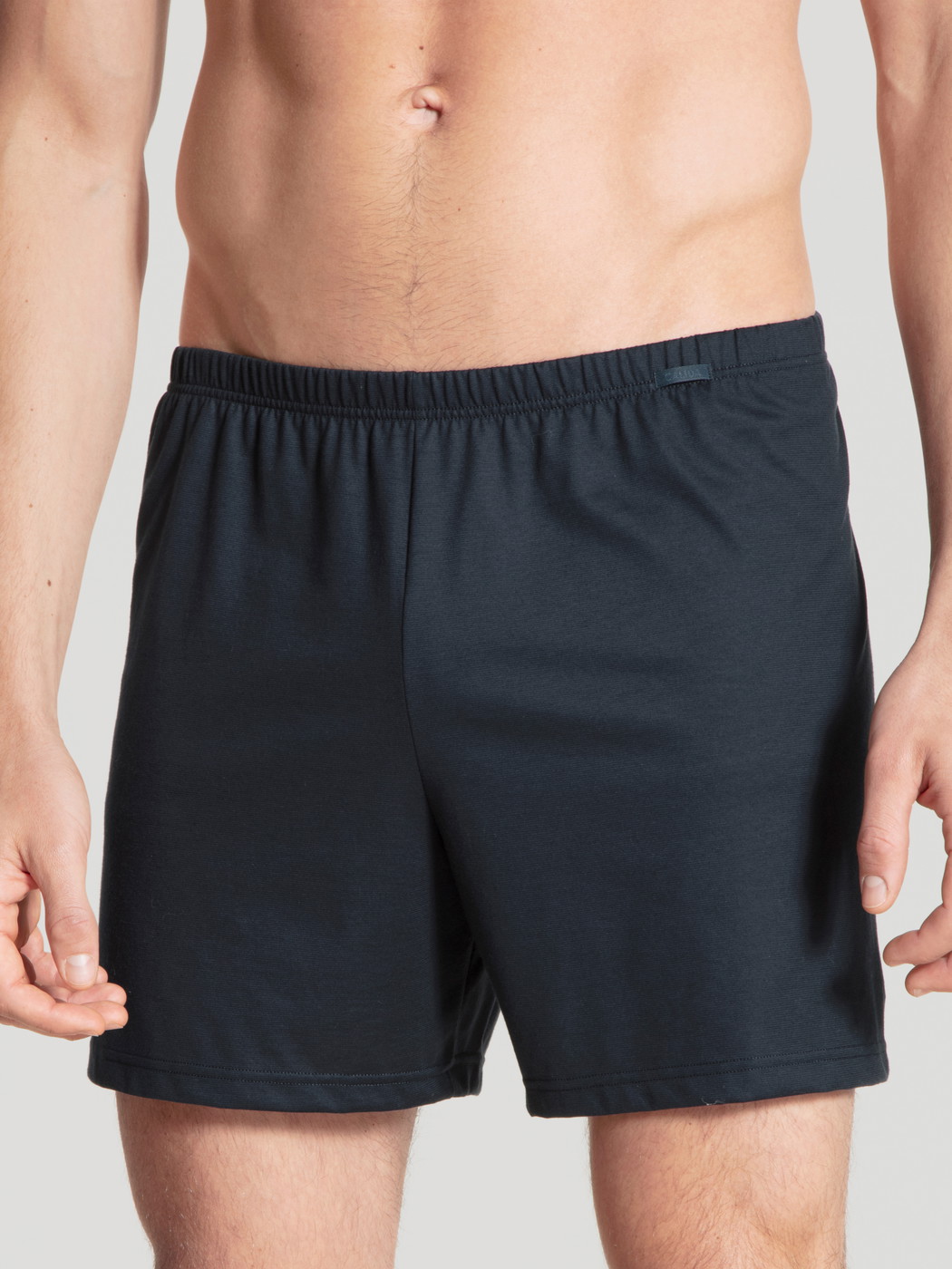 La modella / Il modello Uomo indossa Boxershorts, set da 2 in 100% cotone di colore Blu, Tinta unita, della serie Prints Benefit di CALIDA, Vista frontale