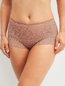 Women model is wearing Shorty regular cut made of Polyamide in Brown, Lace from the Natural Comfort Lace series by CALIDA, Front view
