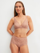 Women model is wearing Shorty regular cut made of Polyamide in Brown, Lace from the Natural Comfort Lace series by CALIDA, Outfit