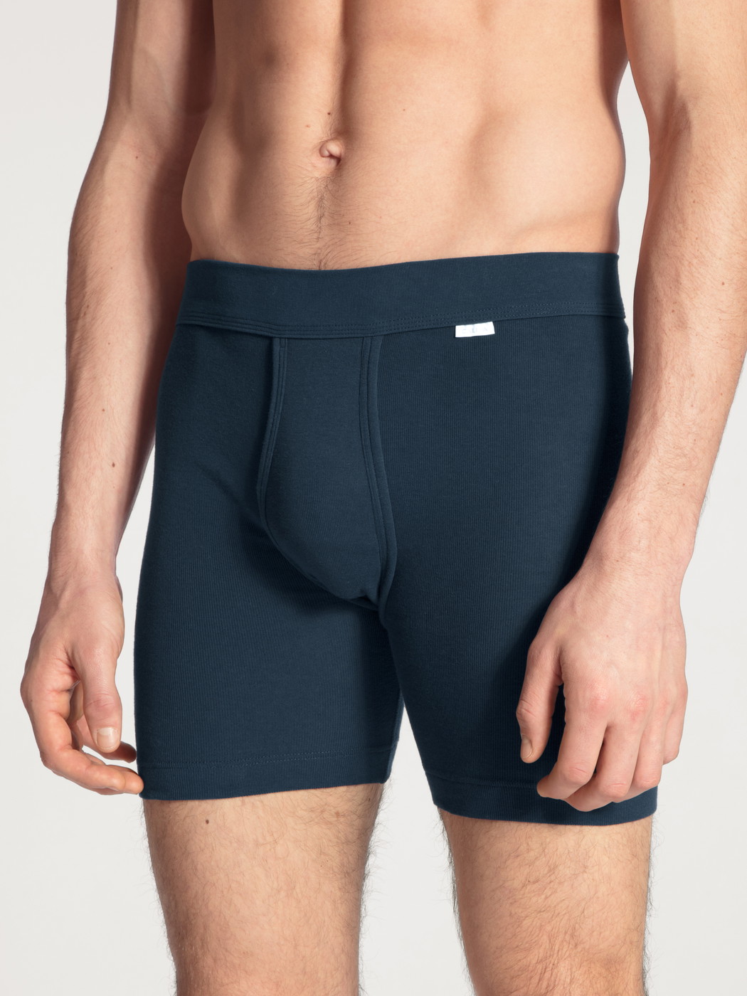 Men model is wearing Classic boxer brief with fly made of 100% Cotton in Blue, Unicoloured from the Cotton 1:1 series by CALIDA, Front view