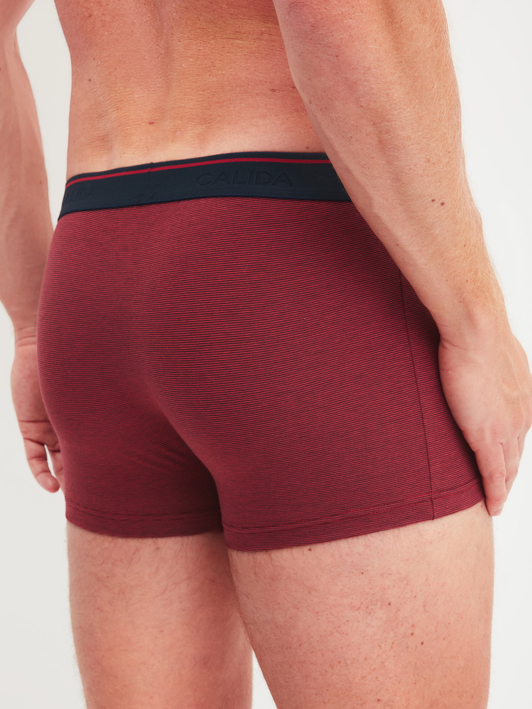 Men model is wearing Boxer brief made of Cotton in Red, Unicoloured from the Cotton Stretch series by CALIDA, Back view