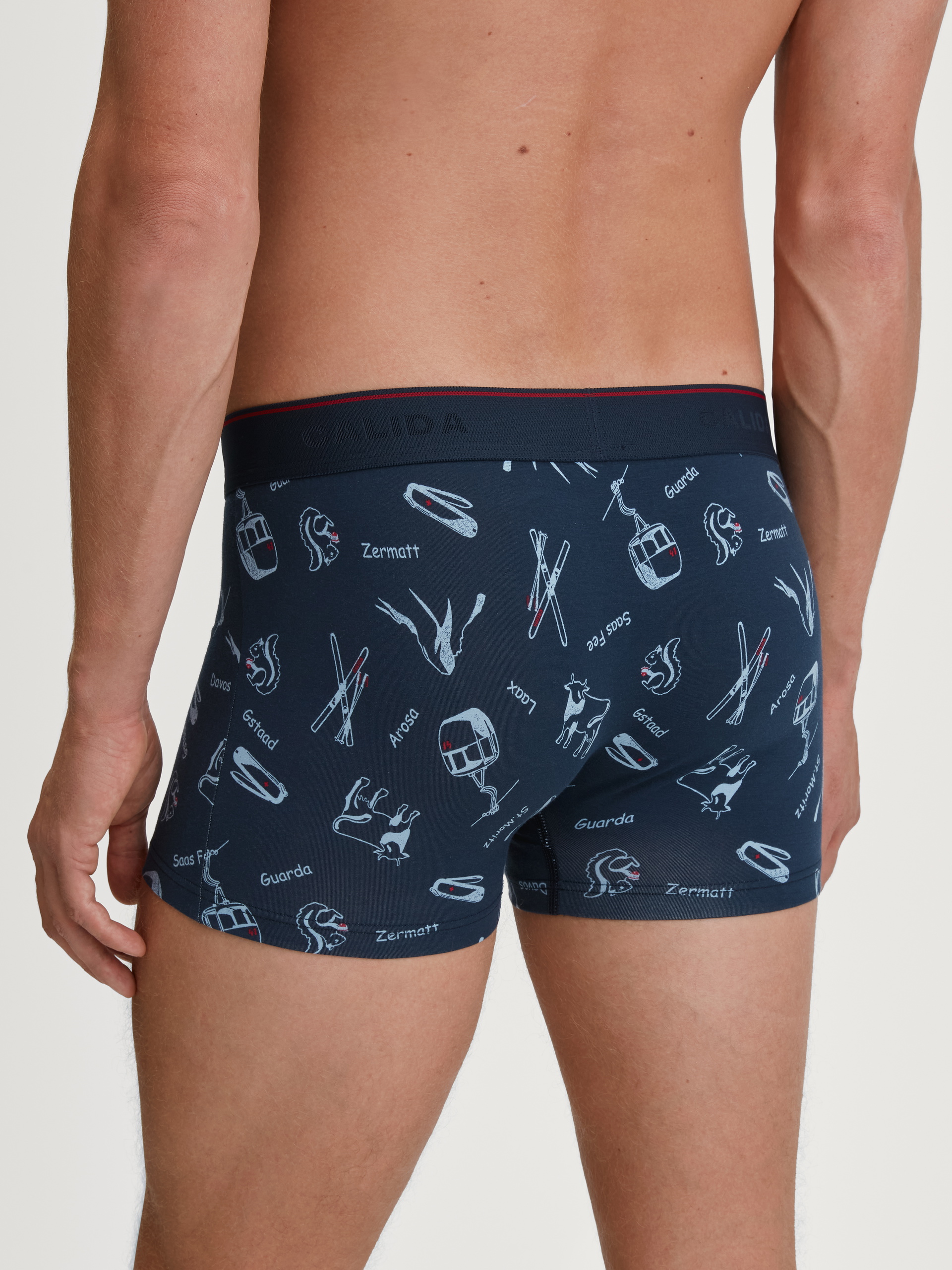 Le mannequin Homme porte le/la Boxer brief en Coton de couleur Bleu, Motif, de la série Swiss Resort de CALIDA, Vue arrière