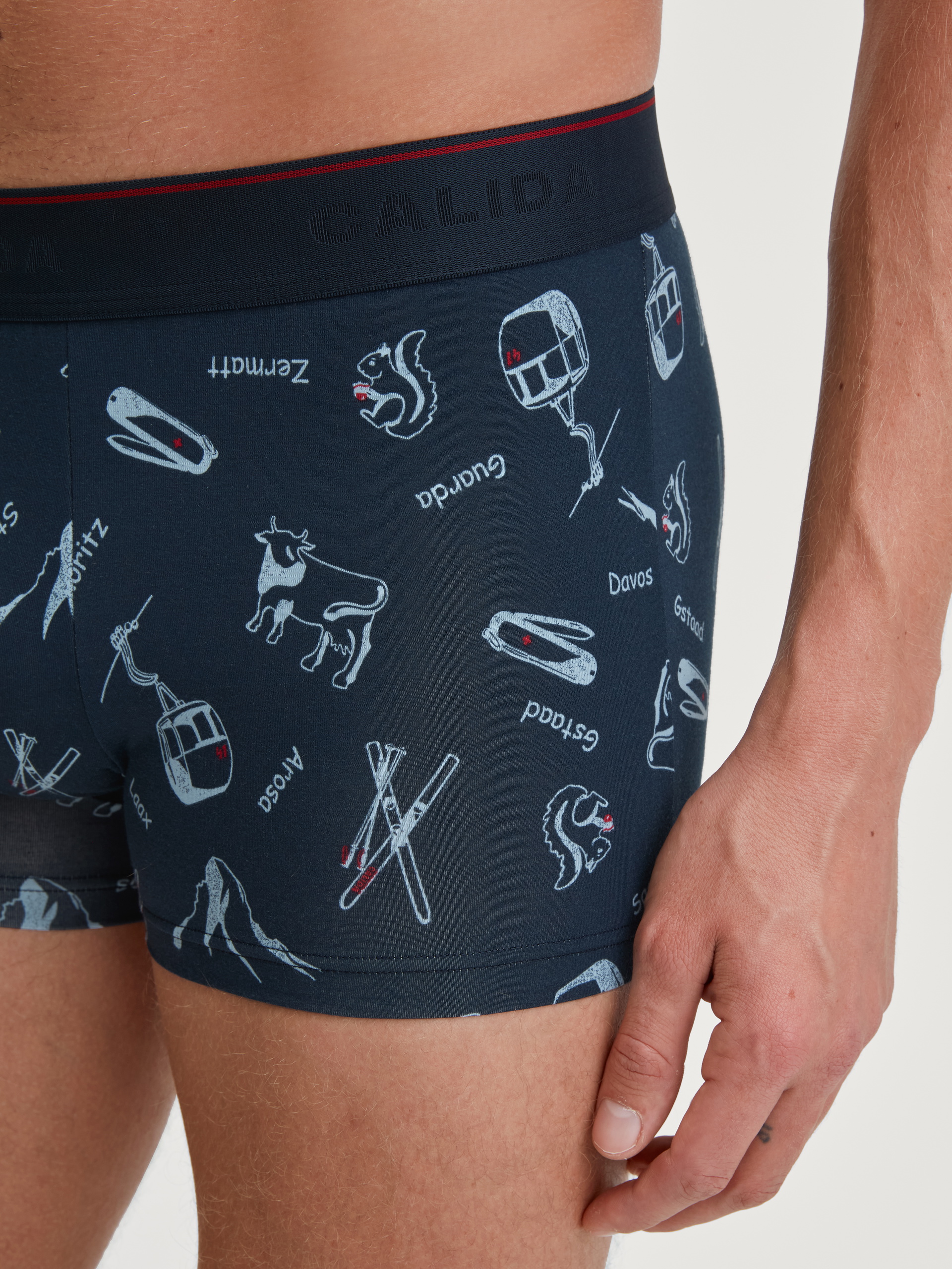 Le mannequin Homme porte le/la Boxer brief en Coton de couleur Bleu, Motif, de la série Swiss Resort de CALIDA, Détail