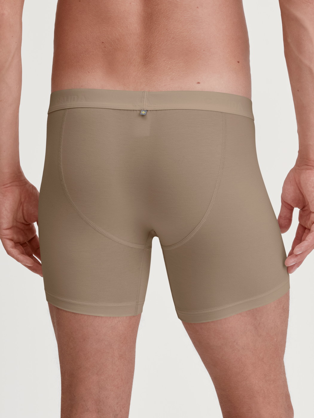 La modella / Il modello Uomo indossa Boxer lungo in TENCEL™ di colore Beige, Tinta unita, della serie Natural Cooling di CALIDA, Vista posteriore