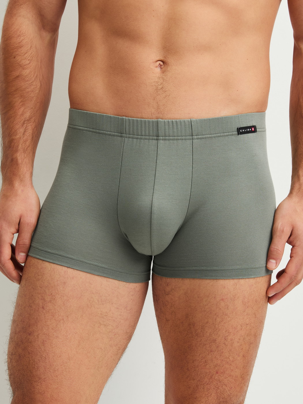 La modella / Il modello Uomo indossa Boxer brief in Cotone di colore Verde, Tinta unita, della serie Evolution di CALIDA, Vista frontale