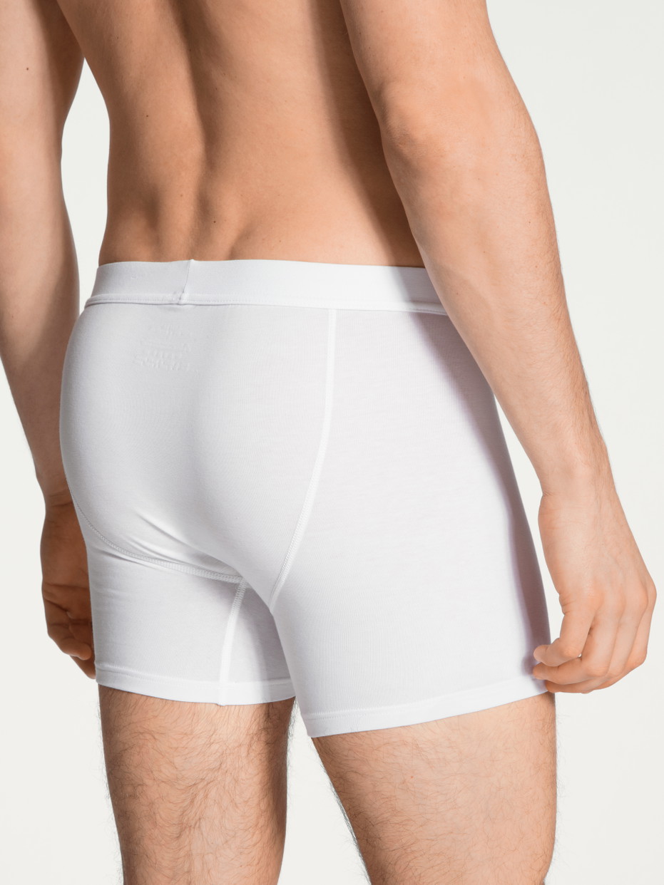Herren-Model trägt Boxer Brief, Komfortbund mit Eingriff aus Baumwolle in Weiß, Einfarbig aus Serie Cotton Code von CALIDA, Rückansicht