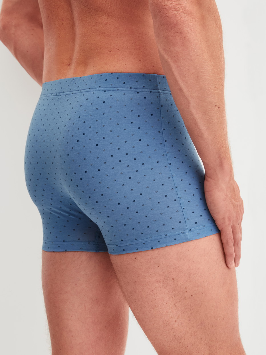 Herren-Model trägt Boxer Brief aus Baumwolle in Blau, Gemustert aus Serie Cotton Code Design von CALIDA, Rückansicht