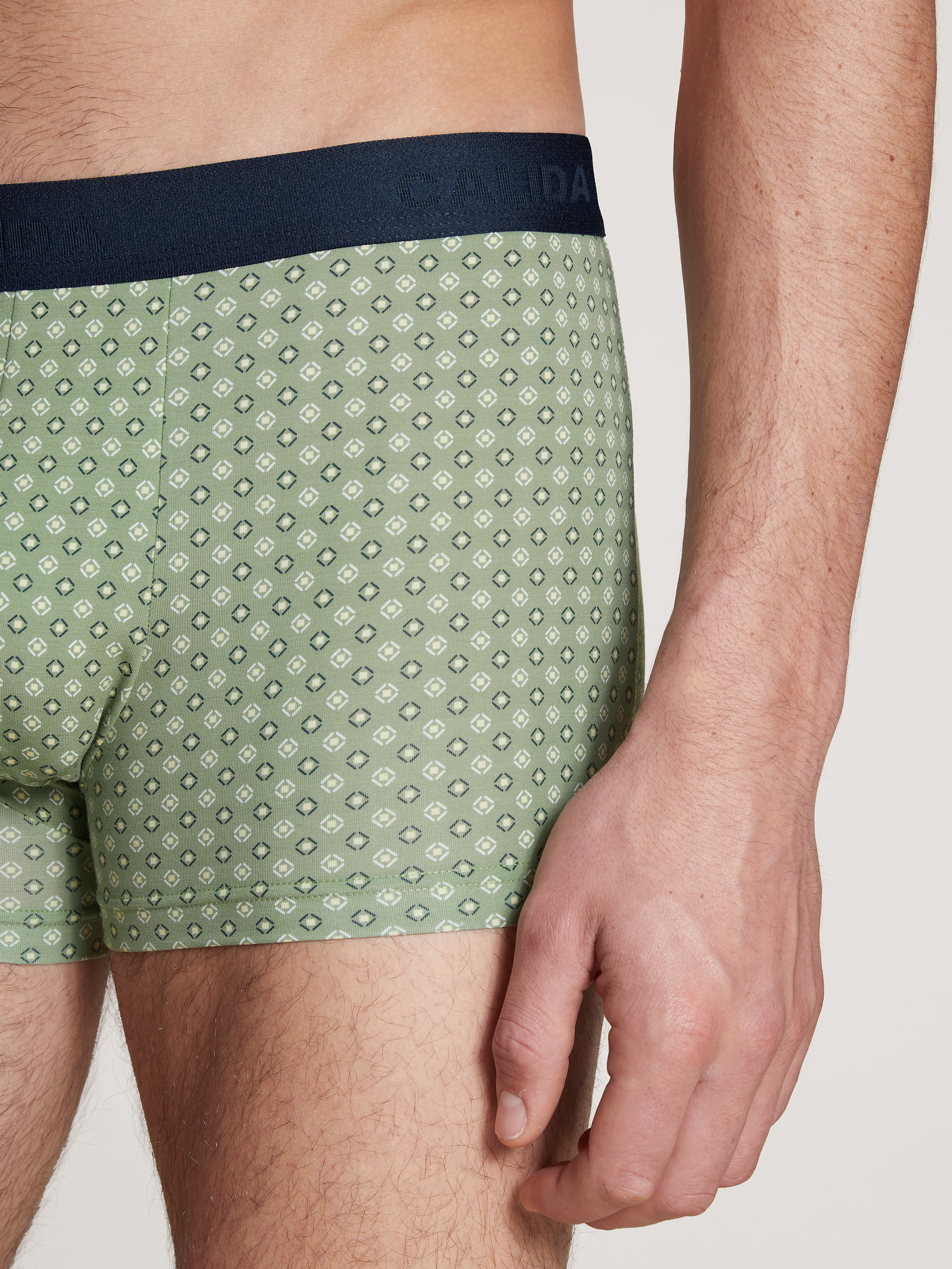 Le mannequin Homme porte le/la Boxer brief en Coton de couleur Vert, À carreaux, de la série Daywear Xtra de CALIDA, Détail