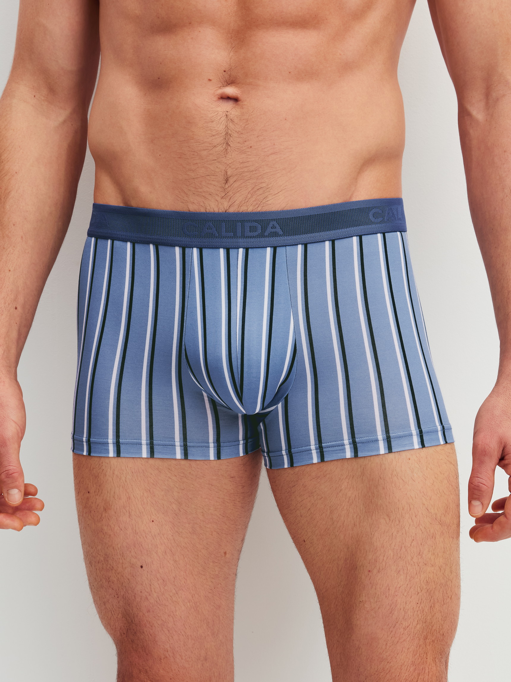 Herren-Model trägt Boxer Brief mit Softgummibund aus Pima® Baumwolle in Blau, Gestreift aus Serie Grafic Cotton von CALIDA, Vorderansicht