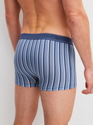 La modella / Il modello Uomo indossa Boxer brief in Pima® Cotone di colore Blu, A righe, della serie Grafic Cotton di CALIDA, Vista posteriore