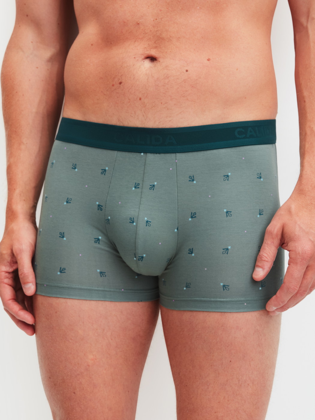 La modella / Il modello Uomo indossa Boxer brief in Cotone di colore Verde, Modello, della serie Grafic Cotton di CALIDA, Vista frontale